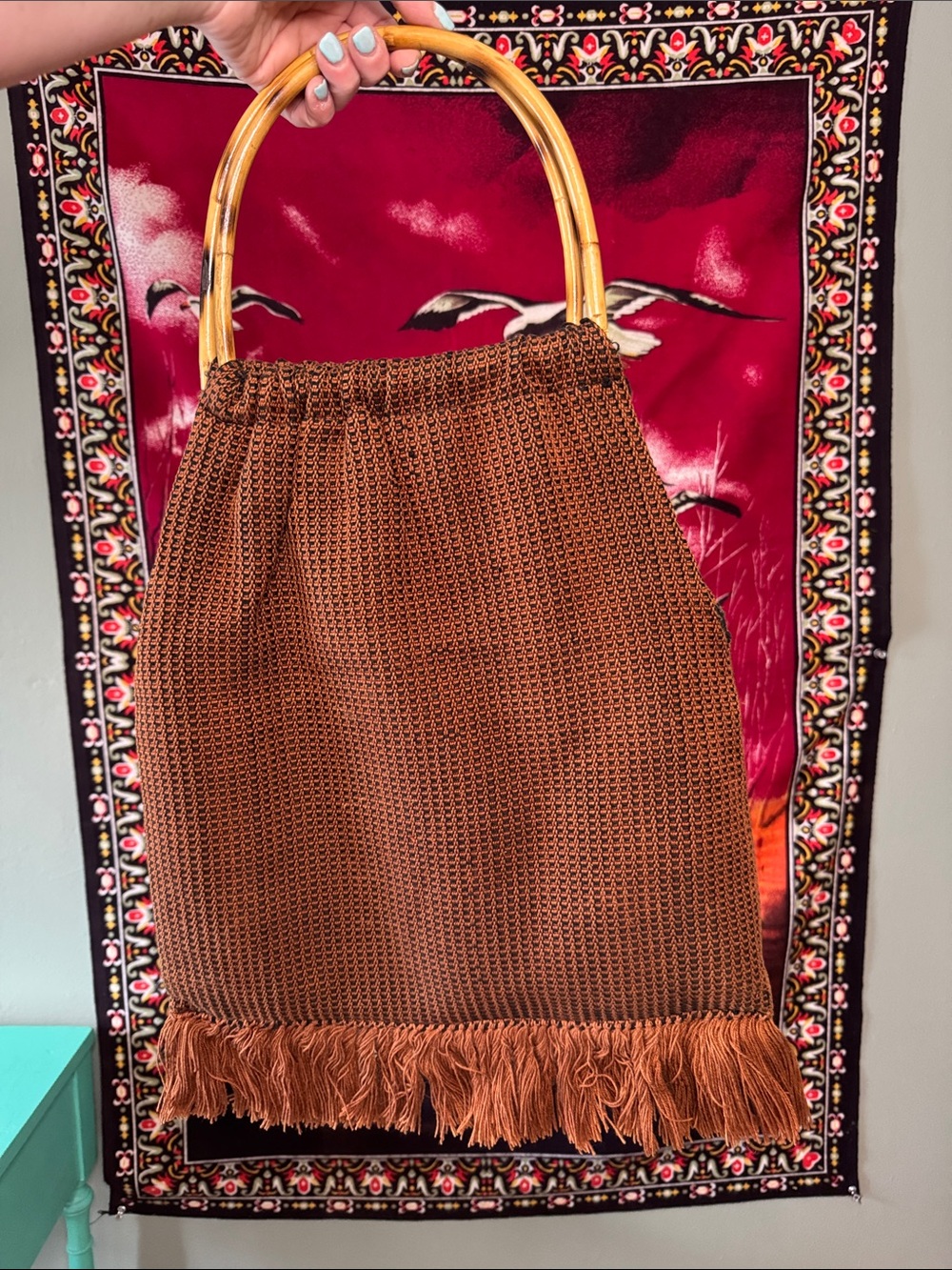 vintage 70s brown fringe knit purse w/ bamboo handle • San Jose Cottage Industry